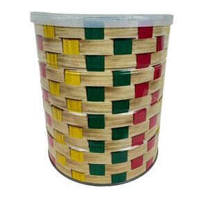 Vintage Folgers 3# Tin Coffee Can With Lid Colorful Basket Weave Design 1950s